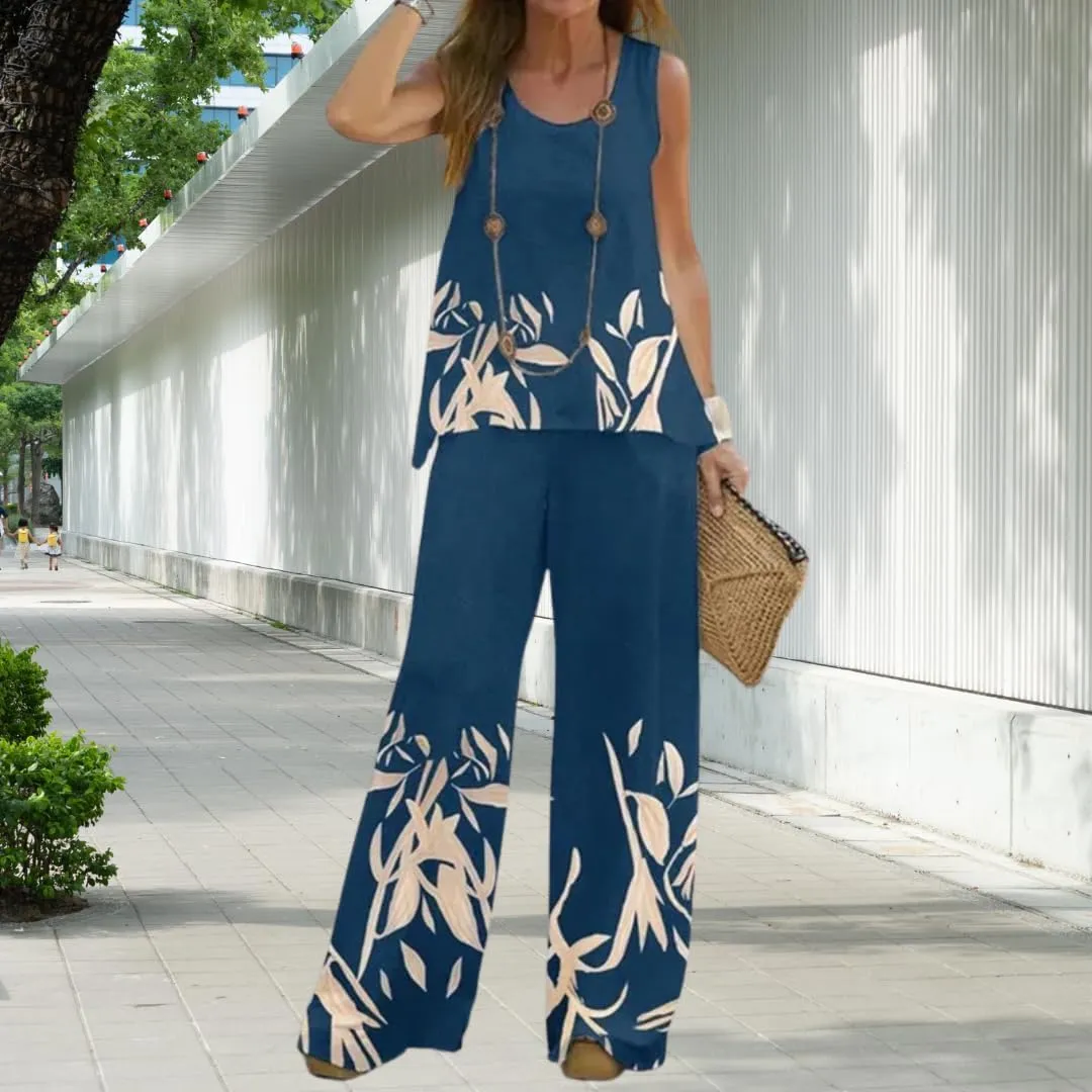 Bengbobar Women's 2 Piece Outfits Summer Boho Floral Sleeveless Crewneck Tank Tops and Wide Leg Pants Set Vacation