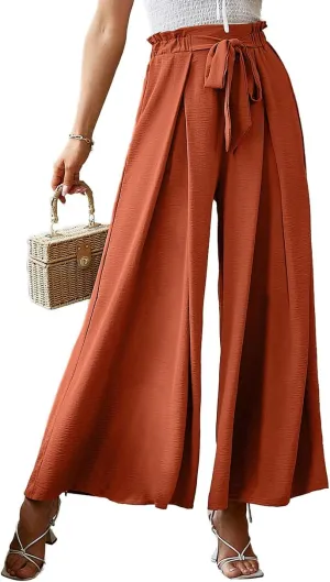 BerryGo Women's Boho Linen Flowy High Waisted Pants Elegant Split Stripe Wide Leg Pants