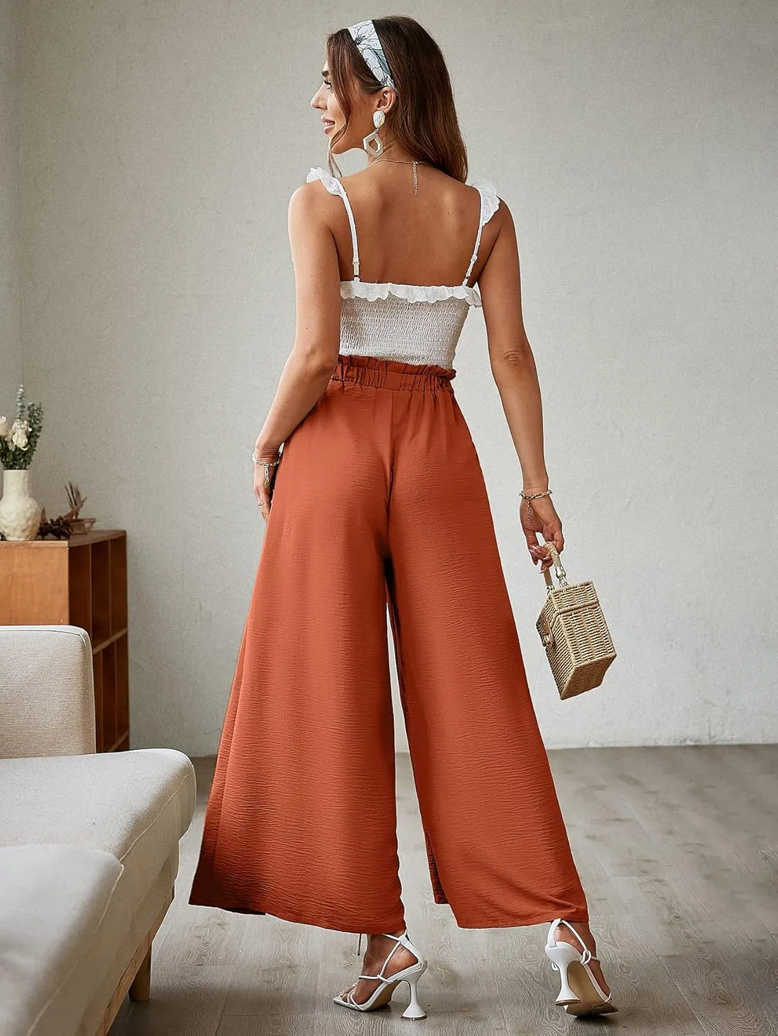 BerryGo Women's Boho Linen Flowy High Waisted Pants Elegant Split Stripe Wide Leg Pants