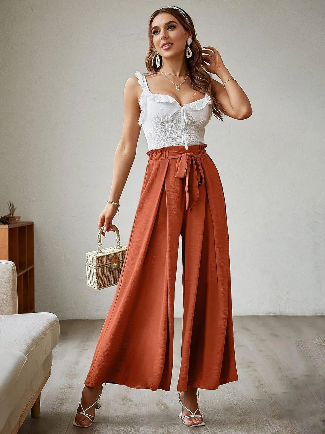 BerryGo Women's Boho Linen Flowy High Waisted Pants Elegant Split Stripe Wide Leg Pants
