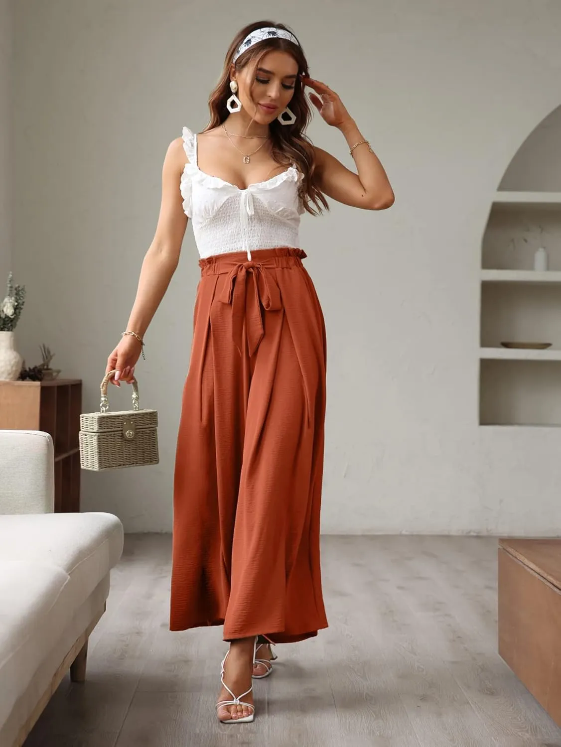 BerryGo Women's Boho Linen Flowy High Waisted Pants Elegant Split Stripe Wide Leg Pants