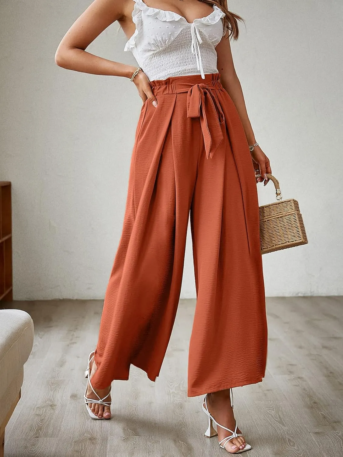 BerryGo Women's Boho Linen Flowy High Waisted Pants Elegant Split Stripe Wide Leg Pants