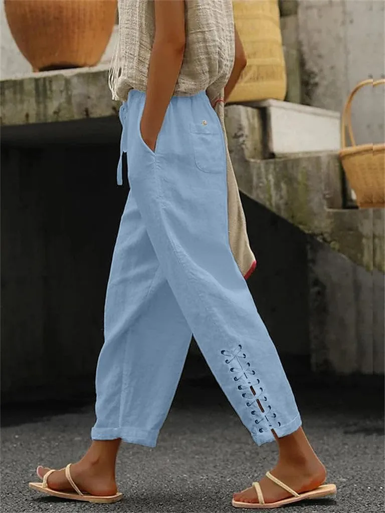 BIRW Womens Linen Pants with Pockets High Waist Comfy White Gauze Pants Casua Lightweight Loose Trousers