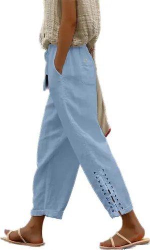 BIRW Womens Linen Pants with Pockets High Waist Comfy White Gauze Pants Casua Lightweight Loose Trousers