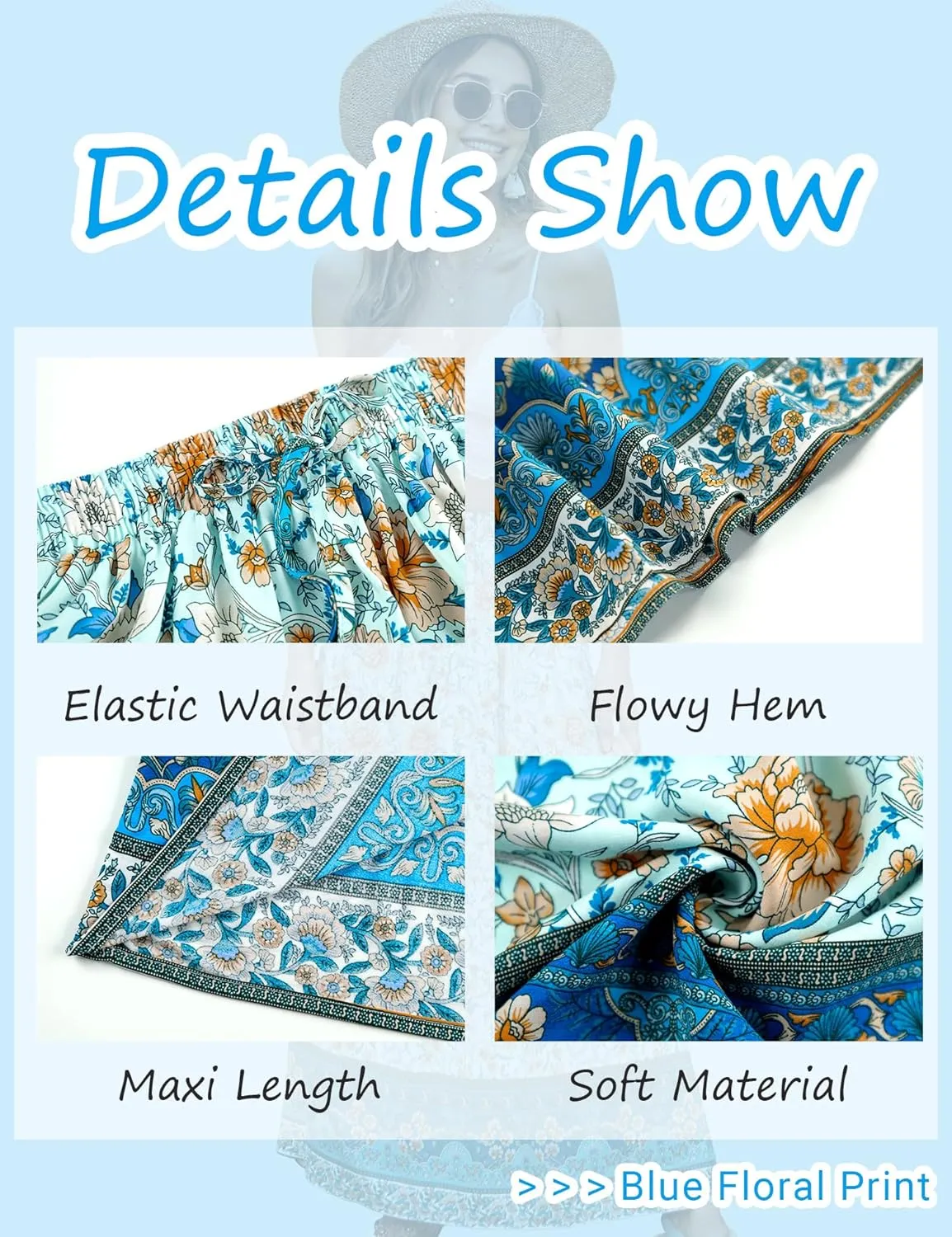 Bluetime Women Floral Print Long Skirt Boho Summer Pleated Elastic High Waisted Casual Maxi Skirt