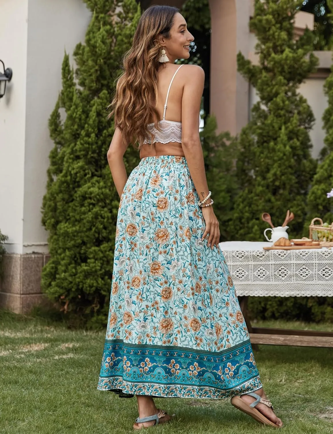 Bluetime Women Floral Print Long Skirt Boho Summer Pleated Elastic High Waisted Casual Maxi Skirt