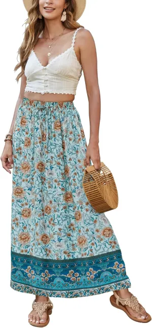Bluetime Women Floral Print Long Skirt Boho Summer Pleated Elastic High Waisted Casual Maxi Skirt
