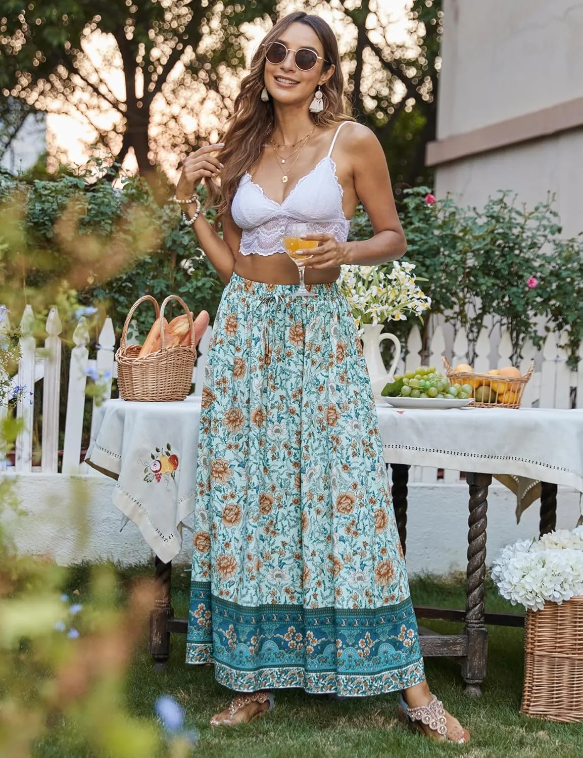 Bluetime Women Floral Print Long Skirt Boho Summer Pleated Elastic High Waisted Casual Maxi Skirt