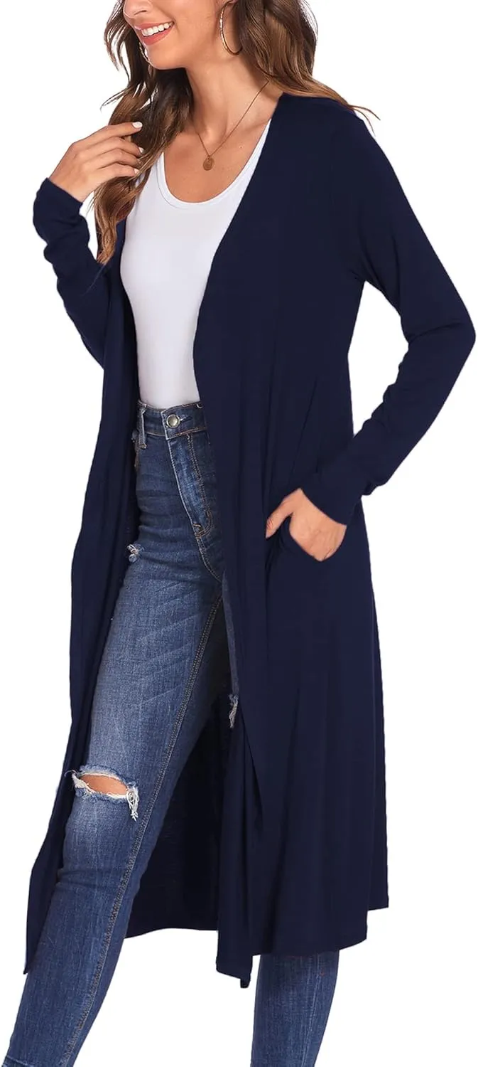 Bluetime Women Plus Size Long Open Front Drape Maxi Cardigan Lightweight Duster Long Sleeve Cardigan Fall (S-4XL)