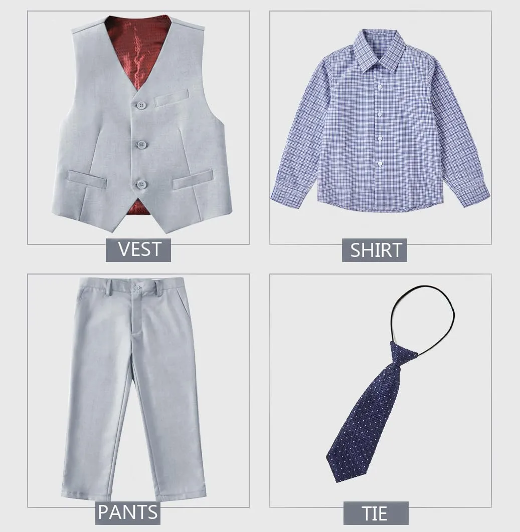 Boys 4-Pieces Suits Slim Fit Kids Outfits Vest Dress Pants Sets Formal Suit for Boy