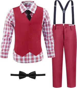 Boys' Suit Kids Formal Tuxedo Suits for Boys Wedding Outfits Dress Vest Pants Suspenders Set Adjustable Waist