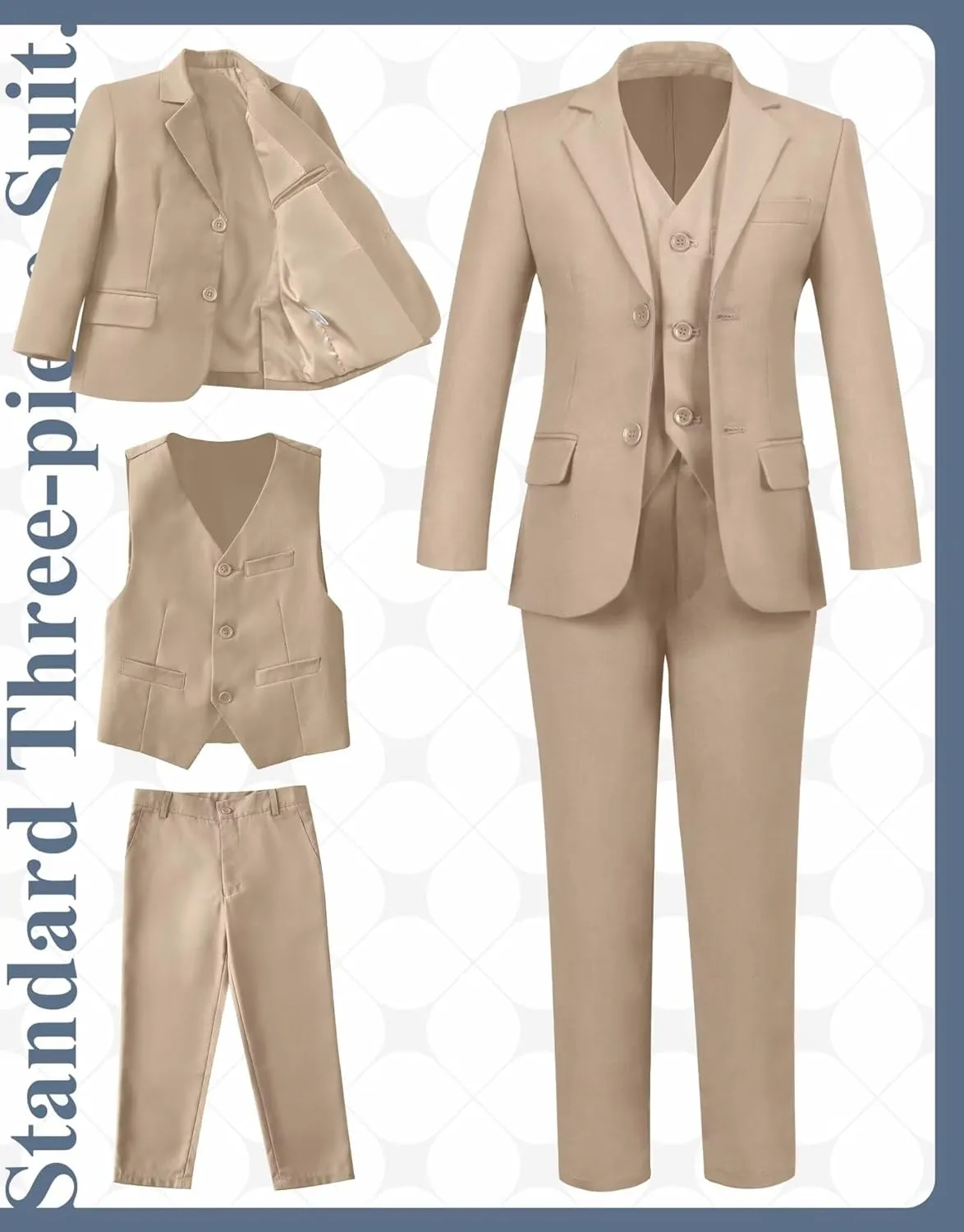 Boy's Suit Slim Fit Formal 3 Pieces Suit Set, Dress Suit Blazer Vest Pants, Kids Wedding Ring Bearer Outfit Size 2T-20