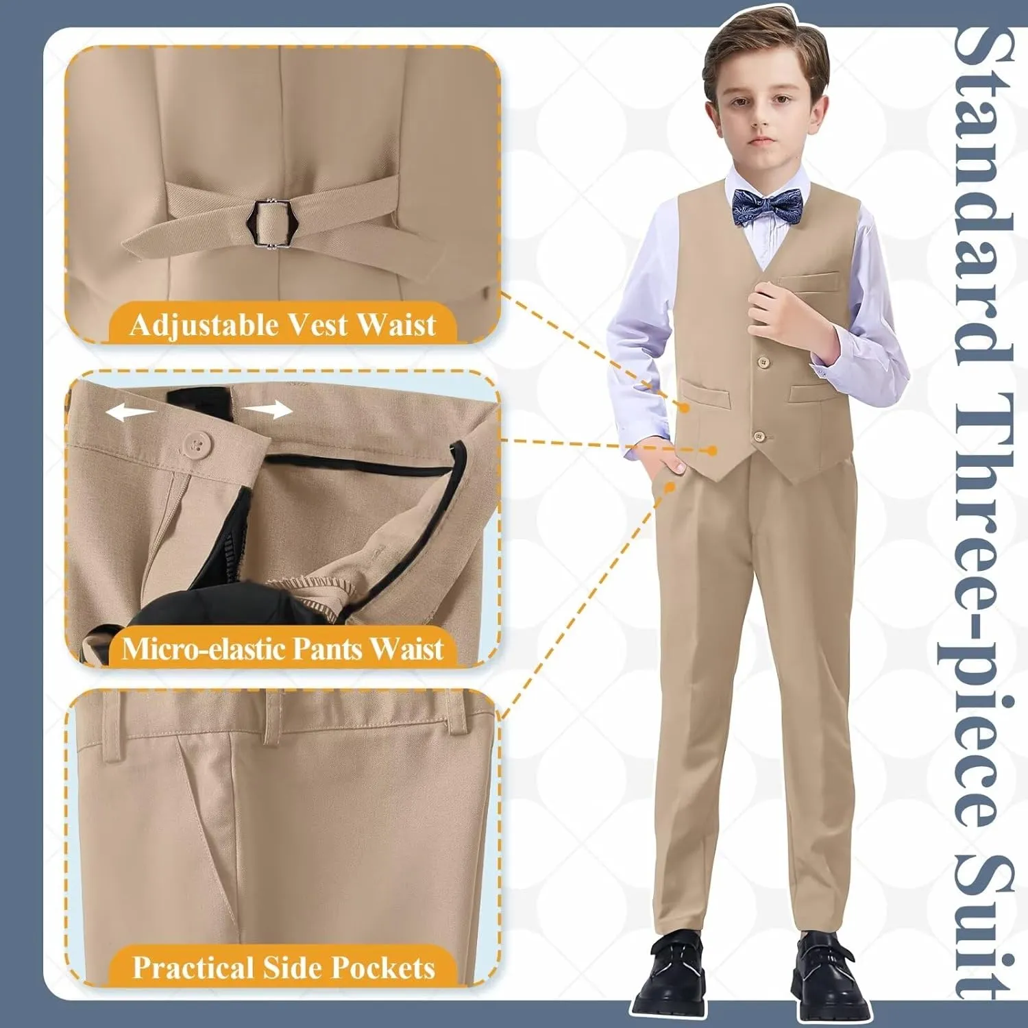 Boy's Suit Slim Fit Formal 3 Pieces Suit Set, Dress Suit Blazer Vest Pants, Kids Wedding Ring Bearer Outfit Size 2T-20