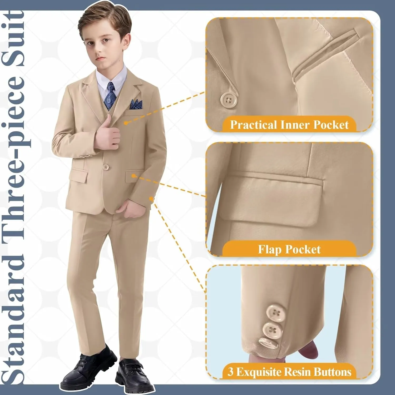 Boy's Suit Slim Fit Formal 3 Pieces Suit Set, Dress Suit Blazer Vest Pants, Kids Wedding Ring Bearer Outfit Size 2T-20