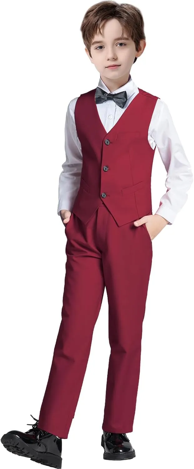 Boys' Suits Formal Slim Fit Tuxedo Boys Vest and Pants Set for Teens Dress Clothes Wedding Outfit with Tie and Bow Tie