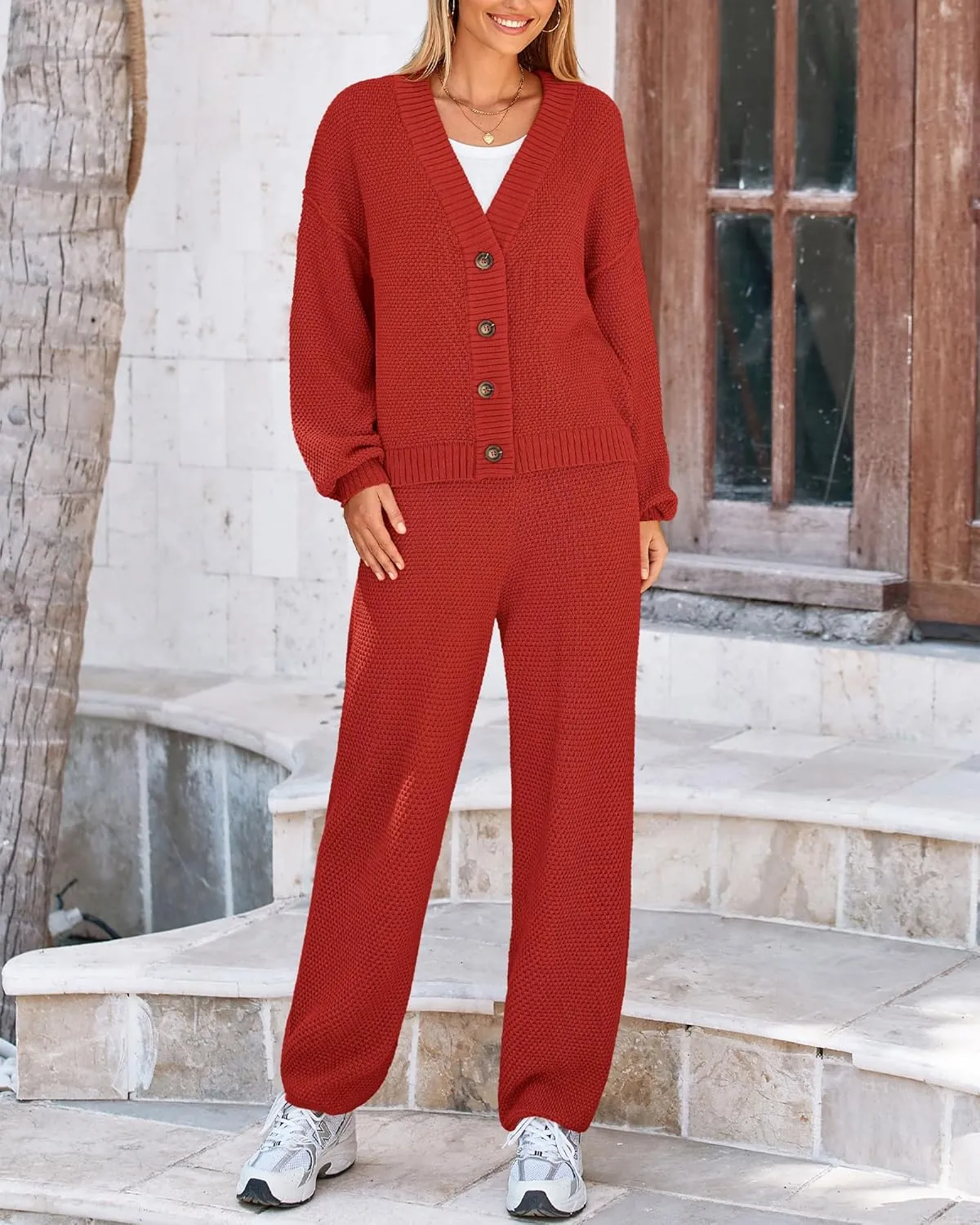 BTFBM Women 2 piece Outfits Fall Knit Sweater Sets Loose Casual Button Down Cardigan Long Pants Matching Lounge Set