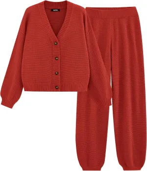 BTFBM Women 2 piece Outfits Fall Knit Sweater Sets Loose Casual Button Down Cardigan Long Pants Matching Lounge Set