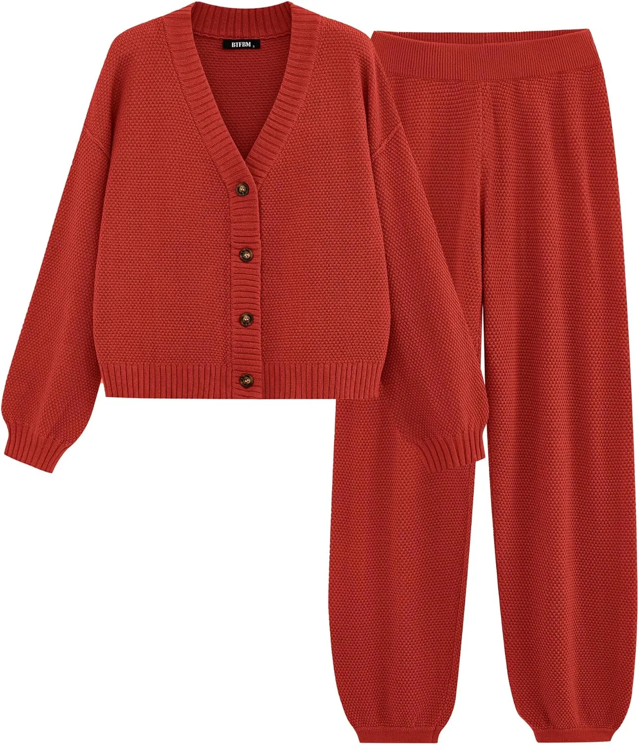 BTFBM Women 2 piece Outfits Fall Knit Sweater Sets Loose Casual Button Down Cardigan Long Pants Matching Lounge Set