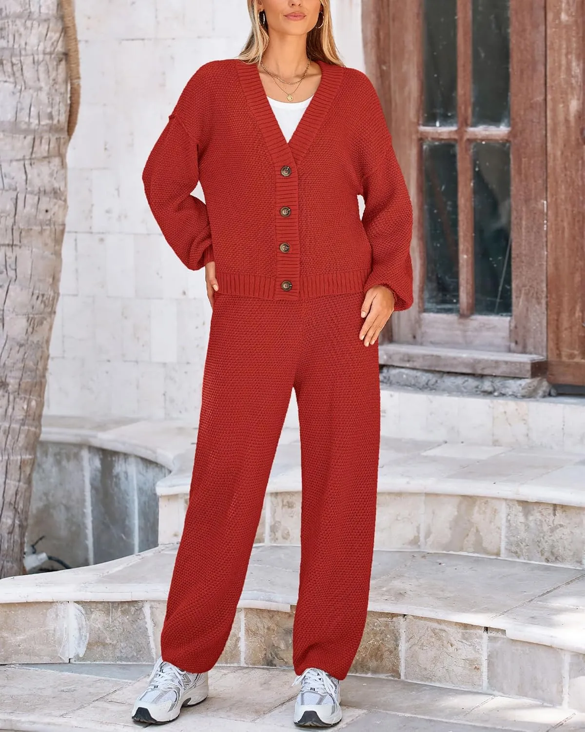 BTFBM Women 2 piece Outfits Fall Knit Sweater Sets Loose Casual Button Down Cardigan Long Pants Matching Lounge Set