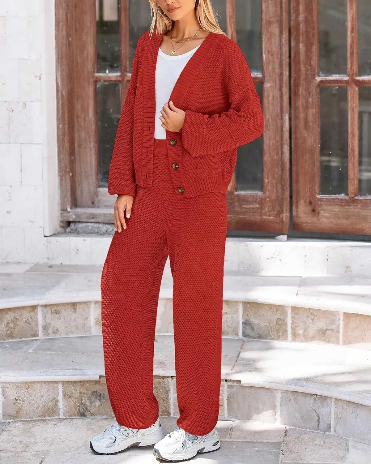 BTFBM Women 2 piece Outfits Fall Knit Sweater Sets Loose Casual Button Down Cardigan Long Pants Matching Lounge Set