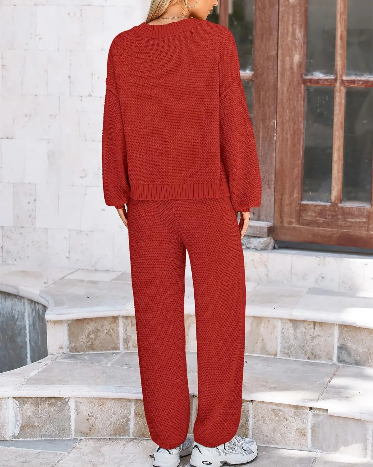 BTFBM Women 2 piece Outfits Fall Knit Sweater Sets Loose Casual Button Down Cardigan Long Pants Matching Lounge Set