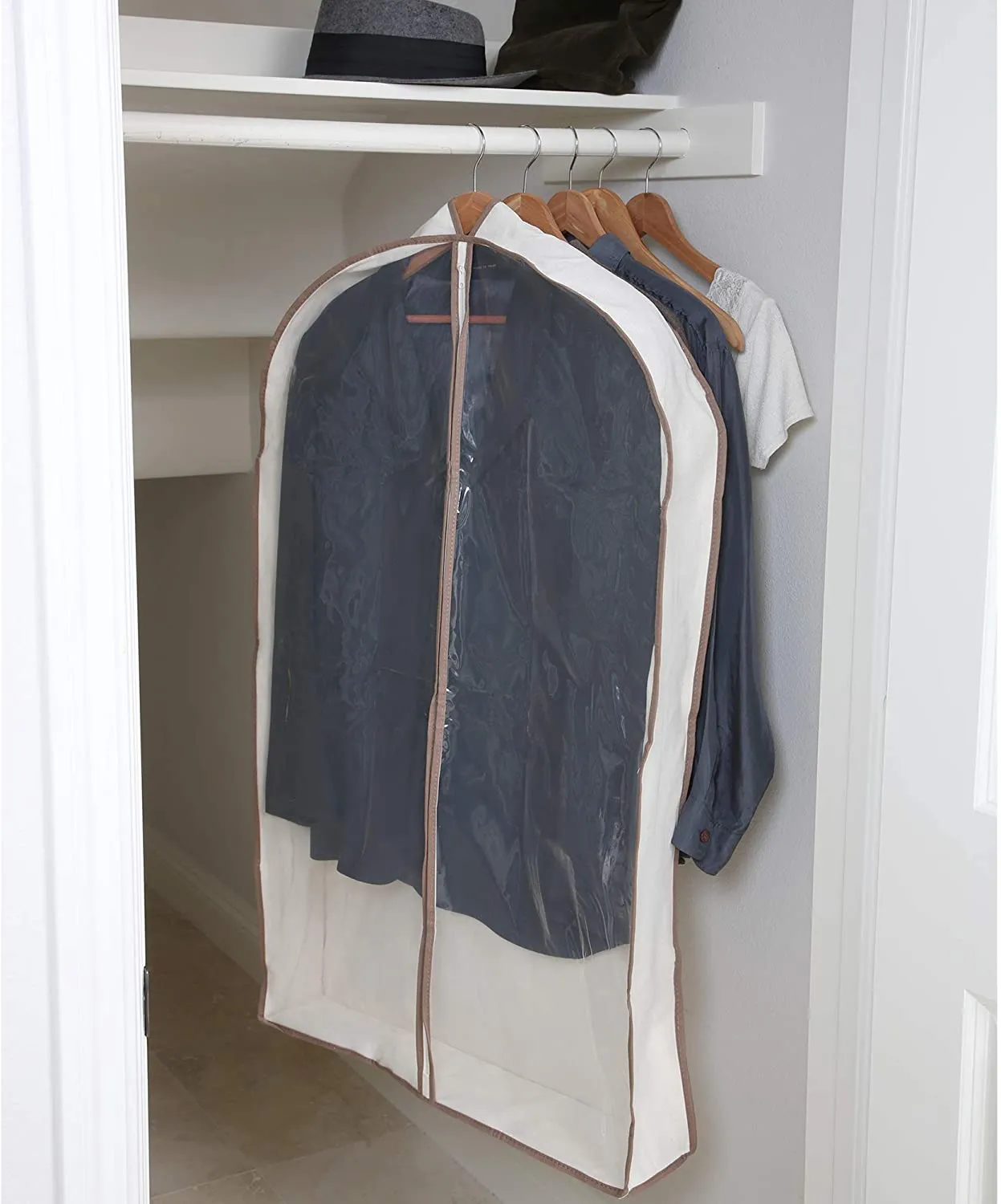 Canvas Gusseted Garment Bag Hanger with Cedar Wood - 24 x 42 Inch - Natural Canvas