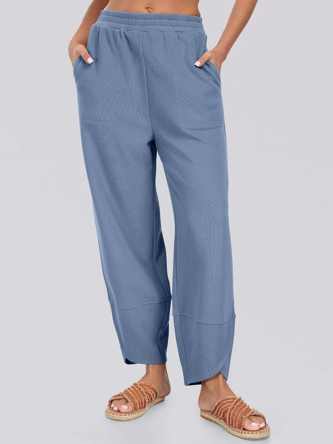 Caracilia Women Wide Leg Pants Casual Elastic Waist Loose Baggy Harem Comfy Beach Lounge Sweatpants with Pockets