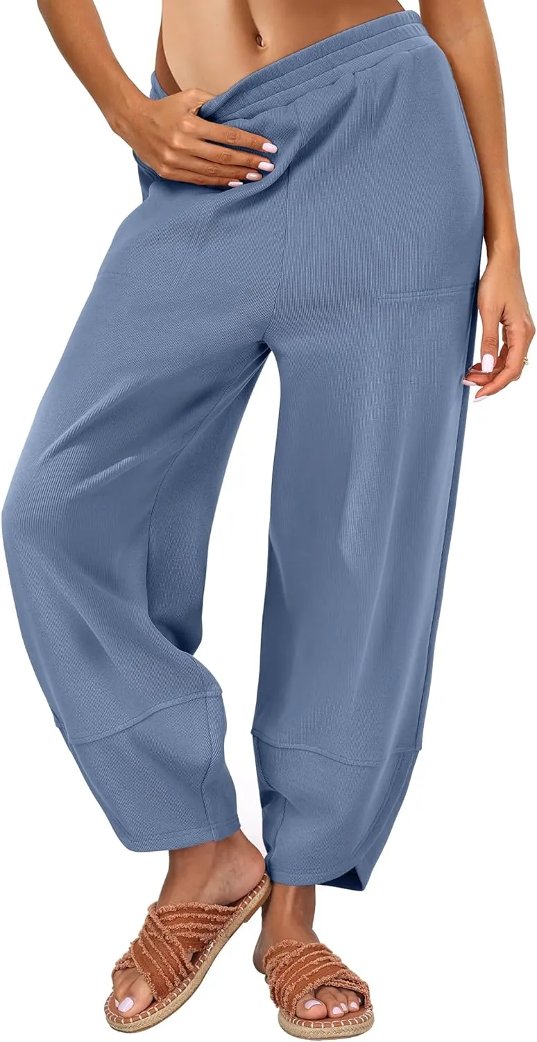 Caracilia Women Wide Leg Pants Casual Elastic Waist Loose Baggy Harem Comfy Beach Lounge Sweatpants with Pockets