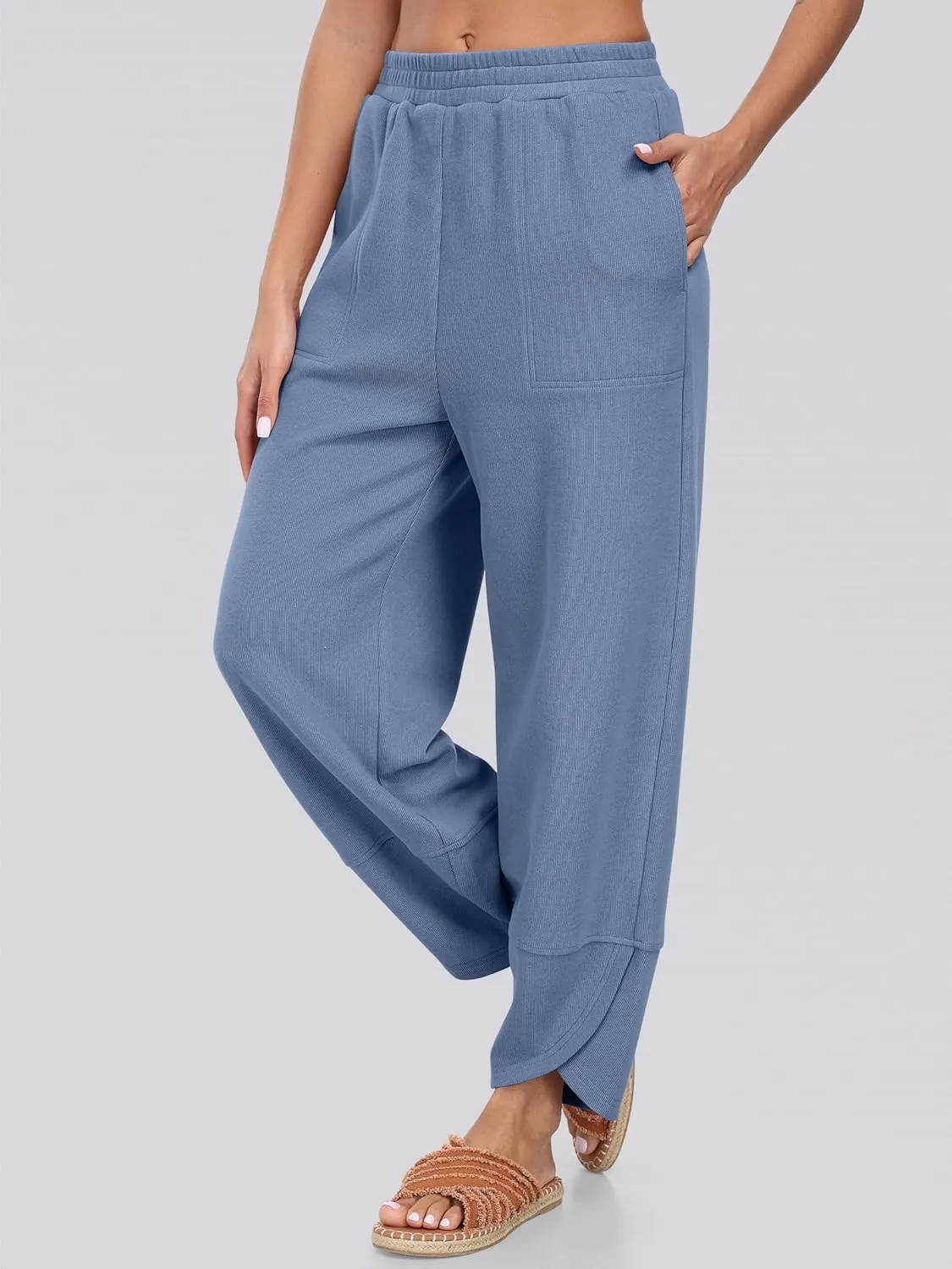 Caracilia Women Wide Leg Pants Casual Elastic Waist Loose Baggy Harem Comfy Beach Lounge Sweatpants with Pockets