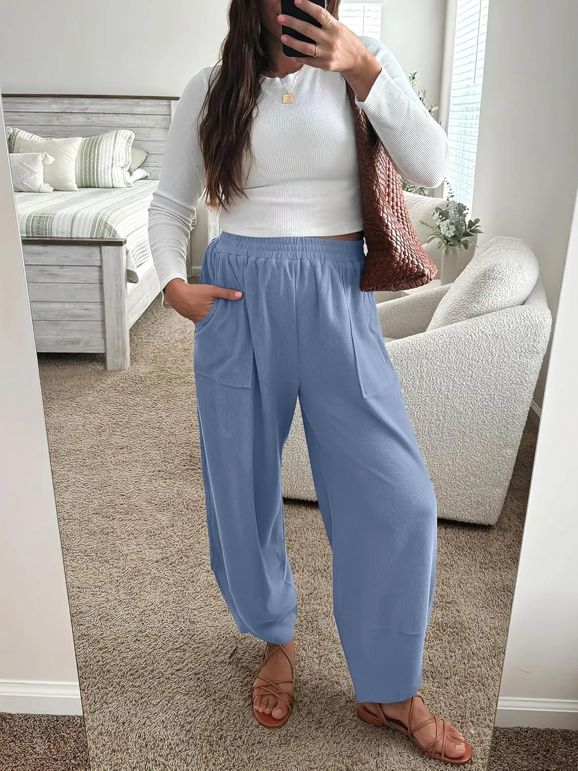 Caracilia Women Wide Leg Pants Casual Elastic Waist Loose Baggy Harem Comfy Beach Lounge Sweatpants with Pockets