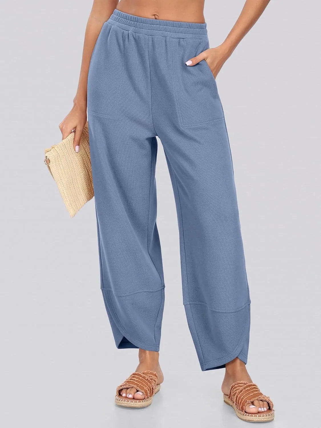 Caracilia Women Wide Leg Pants Casual Elastic Waist Loose Baggy Harem Comfy Beach Lounge Sweatpants with Pockets