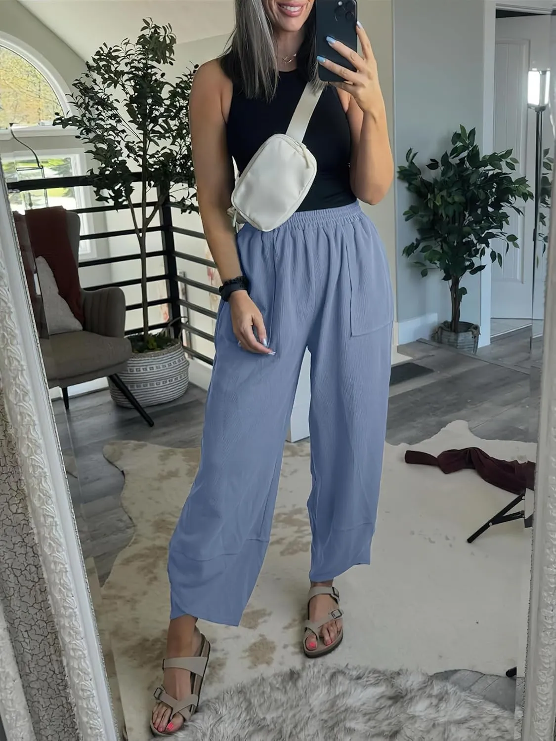 Caracilia Women Wide Leg Pants Casual Elastic Waist Loose Baggy Harem Comfy Beach Lounge Sweatpants with Pockets