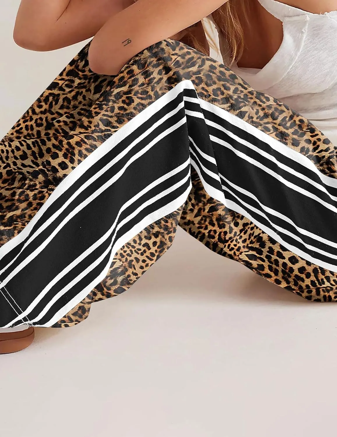 Casual Crayon Striped Pants for Women Drawstring Elastic High Waist Lounge Pant Color Block Baggy Wide Leg Sweatpants