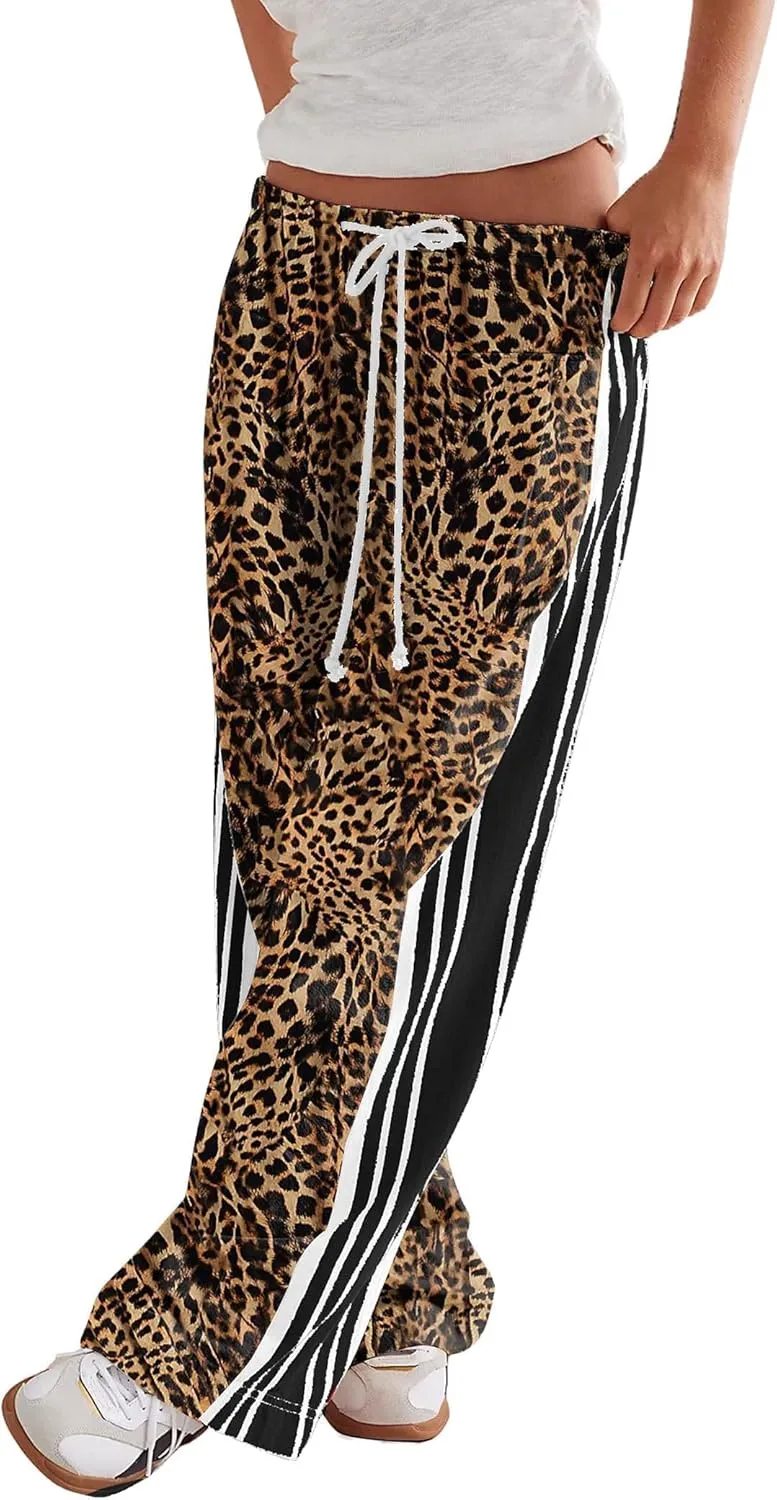 Casual Crayon Striped Pants for Women Drawstring Elastic High Waist Lounge Pant Color Block Baggy Wide Leg Sweatpants