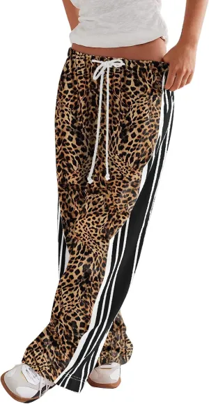 Casual Crayon Striped Pants for Women Drawstring Elastic High Waist Lounge Pant Color Block Baggy Wide Leg Sweatpants