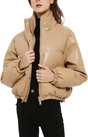 Casual Solid Color Simple Cotton-Padded Clothes Women's Winter Small Stand Collar Pu Jacket Coat