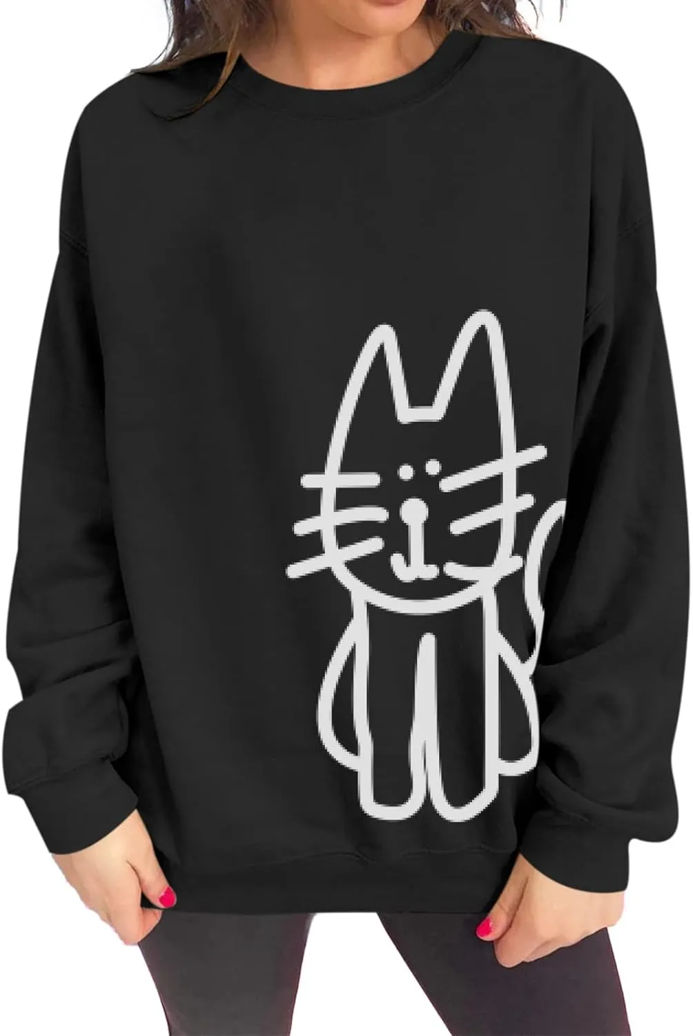 Cat Sweatshirts for Women Graphic Oversized Sweatshirt Funny Long Sleeve Shirt Cute Pullover Fleece Hoodie Tops