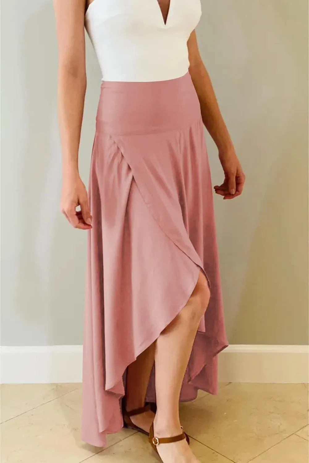 chouyatou Womens Asymmetrical High Low Ruffle Hem Split Maxi Skirts High Wait Flounce Skirt