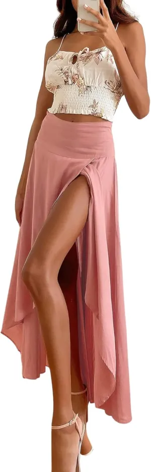 chouyatou Womens Asymmetrical High Low Ruffle Hem Split Maxi Skirts High Wait Flounce Skirt