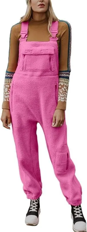 chouyatou Women's Fuzzy Fleece Overall Adjustable Strap Warm Winter Bib Overalls Casual Jumpsuits