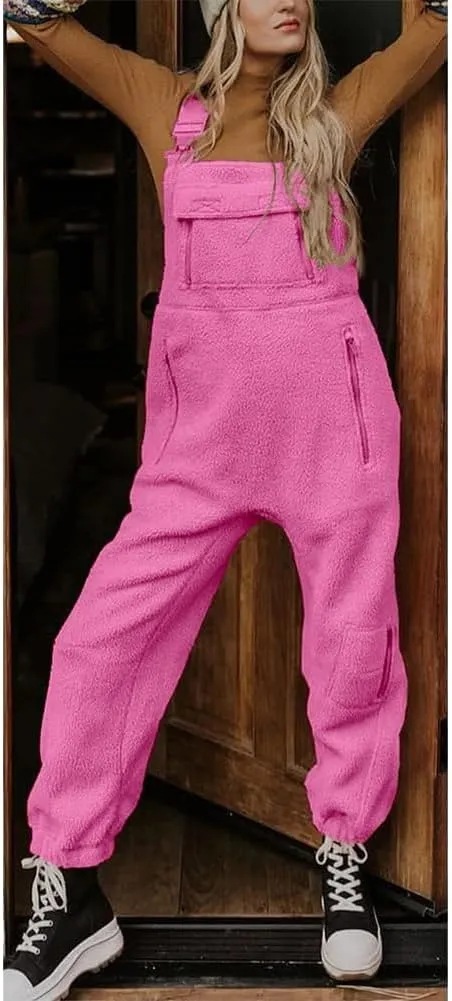 chouyatou Women's Fuzzy Fleece Overall Adjustable Strap Warm Winter Bib Overalls Casual Jumpsuits