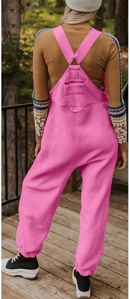 chouyatou Women's Fuzzy Fleece Overall Adjustable Strap Warm Winter Bib Overalls Casual Jumpsuits