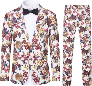 Cloudstyle Mens 2 Piece Suit Notched Lapel Sport Coat Floral One Button Slim Fit Tweed Suit