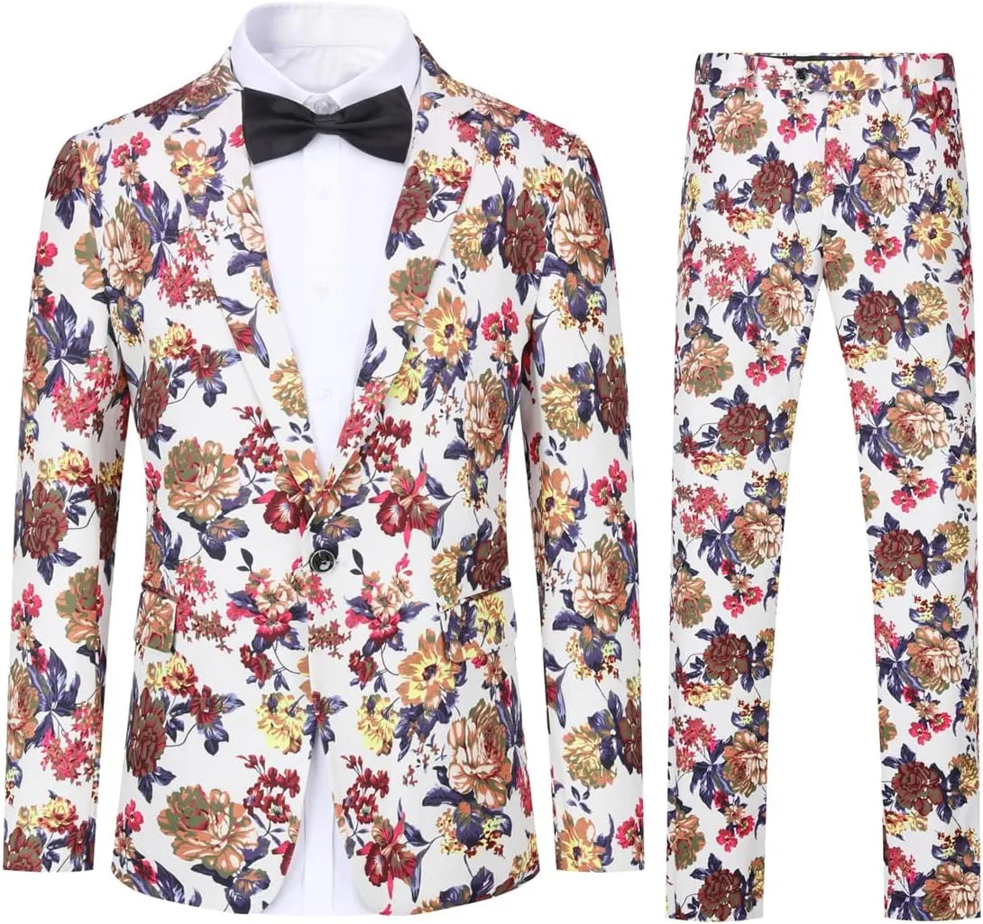 Cloudstyle Mens 2 Piece Suit Notched Lapel Sport Coat Floral One Button Slim Fit Tweed Suit