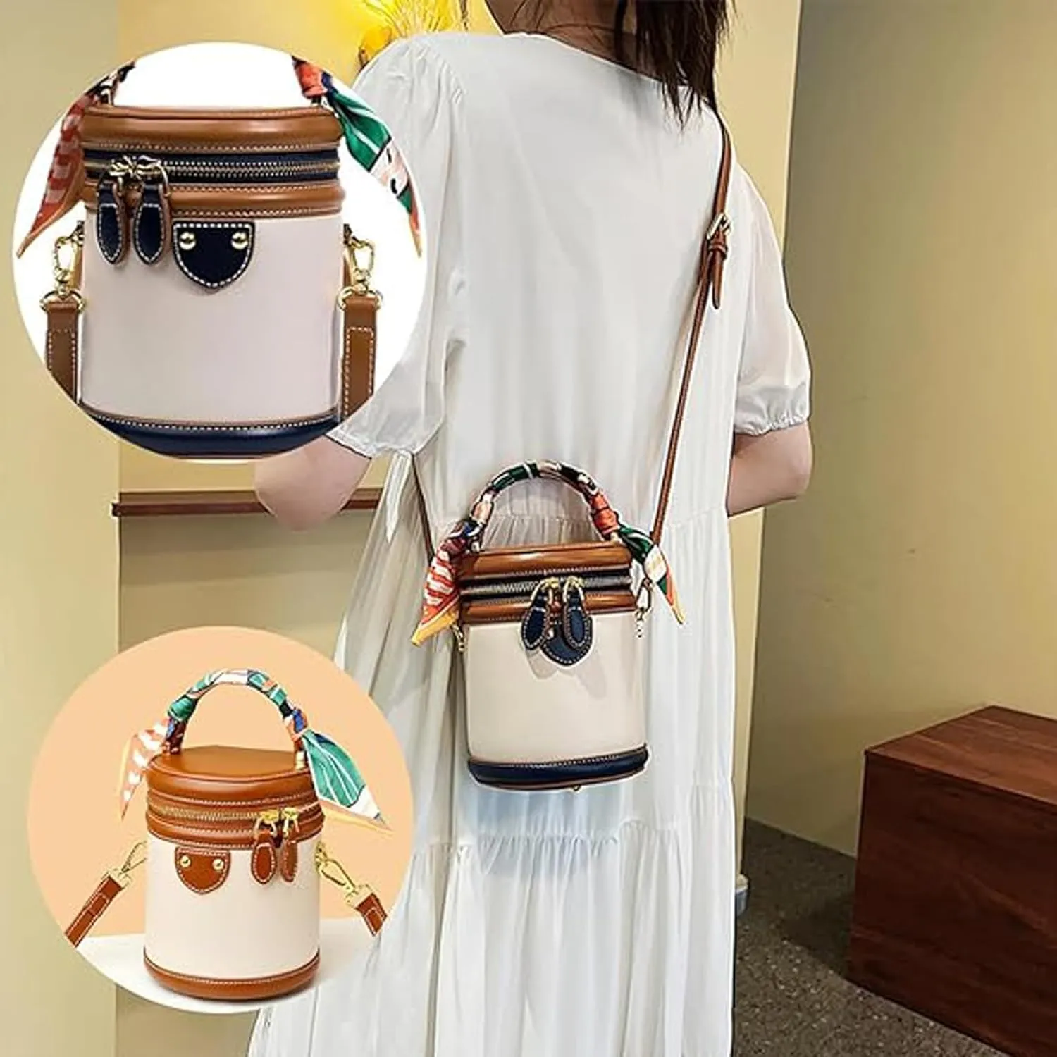 Colorblock Bucket Bag for Women, 2025 New Summer Design Cylinder Bag, Leather Bucket Handbag