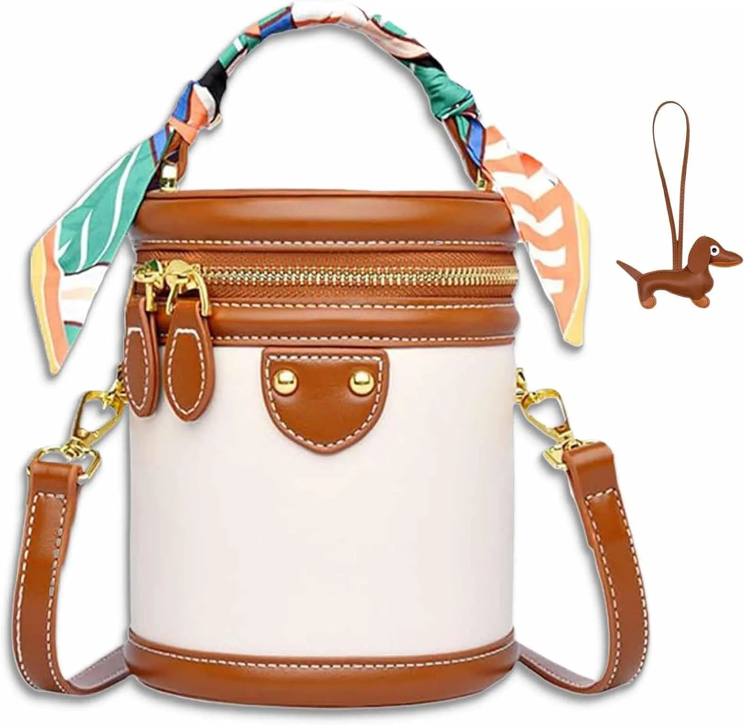 Colorblock Bucket Bag for Women, 2025 Upgrade Summer Niche Design Cylinder Bag, Leather Bucket Handbag
