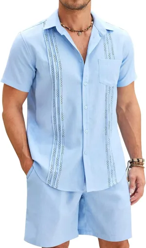 COOFANDY Mens Beach Outfits for Vacation 2 Piece Short Set Guayabra Sets Resort Wear