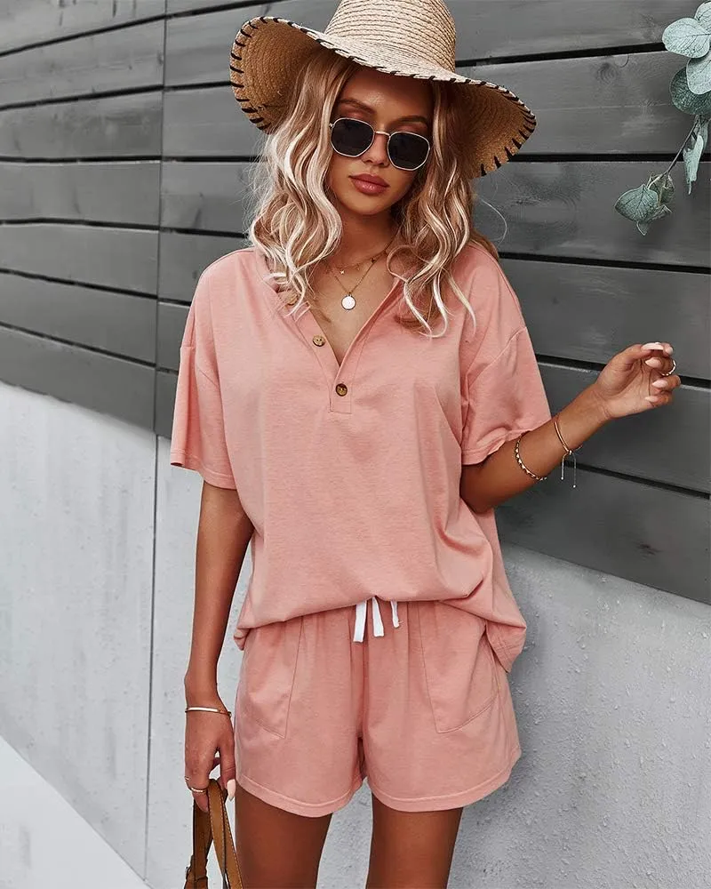 CORSKI Women's Short Sleeve Sweatsuit Sets Lounge 2 Piece V Neck Tracksuit Casual Loose Fit Outfits