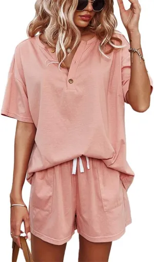 CORSKI Women's Short Sleeve Sweatsuit Sets Lounge 2 Piece V Neck Tracksuit Casual Loose Fit Outfits