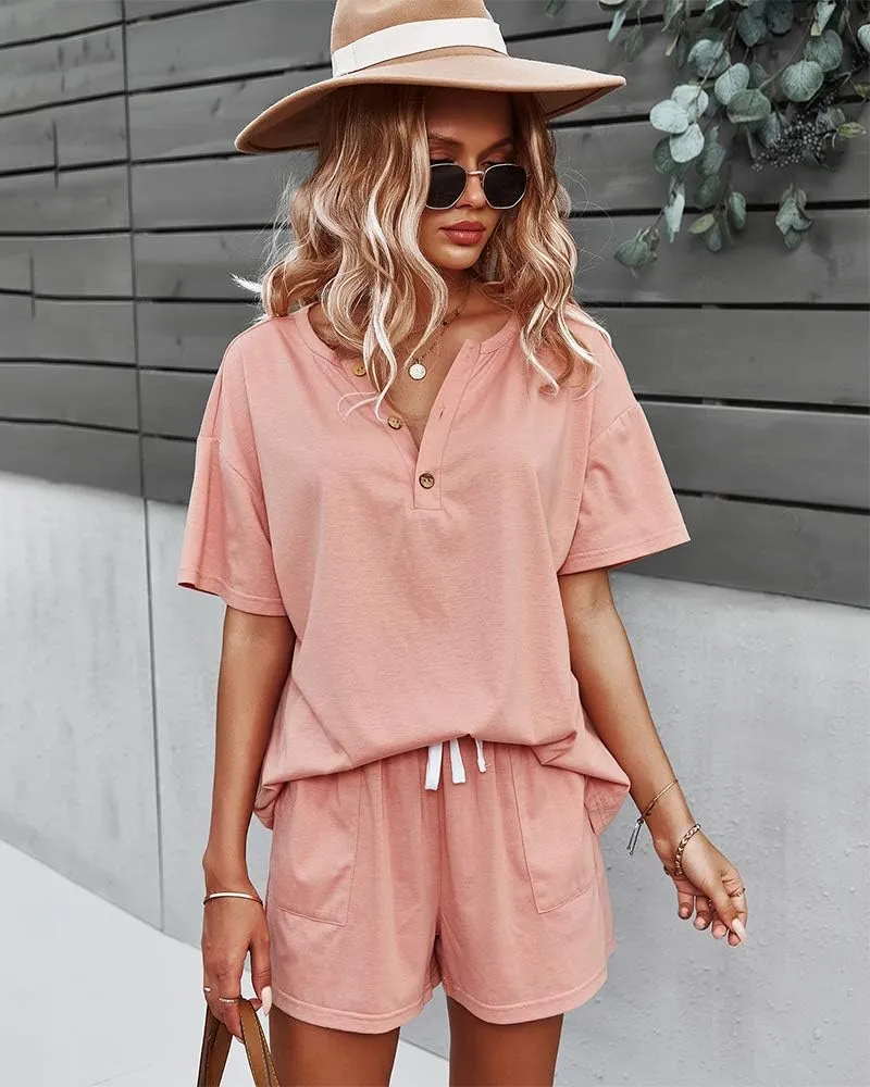 CORSKI Women's Short Sleeve Sweatsuit Sets Lounge 2 Piece V Neck Tracksuit Casual Loose Fit Outfits